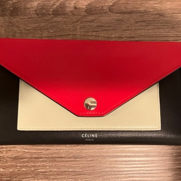 Celine Tricolor Red/Black/Taupe Envelope Trifold Leather Wallet - Picture 1 of 4